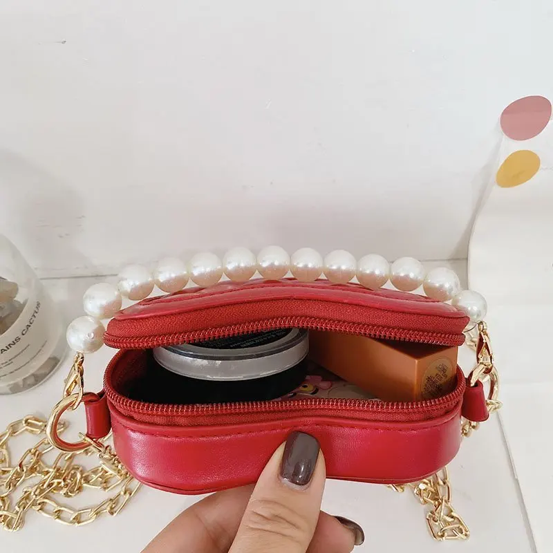 

Kids Leather Purses and Handbags Cute Girls Mini Crossbody Bag Heart-Shaped Pearl Handle Coin Pouch Purse Small Chain Handbags