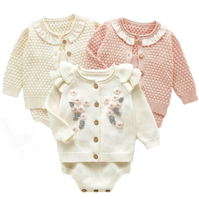 

Children Baby Clohting Knit Set Autumn Embroidery Flowers Set Fashion Baby Girls Clothes Long Sleeve Knit Cardigan+Romper Sets