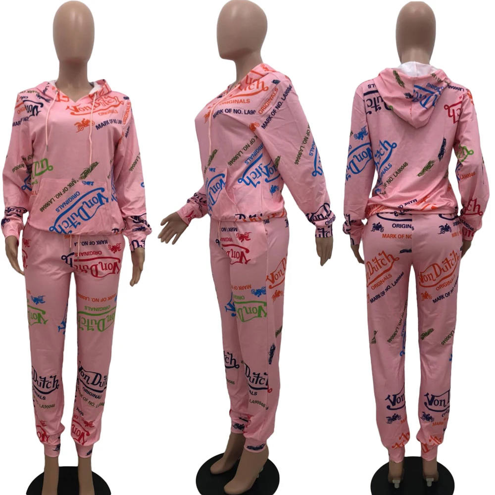 

Graffiti Letter Print Women Winter Clothing 2 Piece Outfits Fashionable Long Sleeve Von Dutch Sweatsuit with Hood
