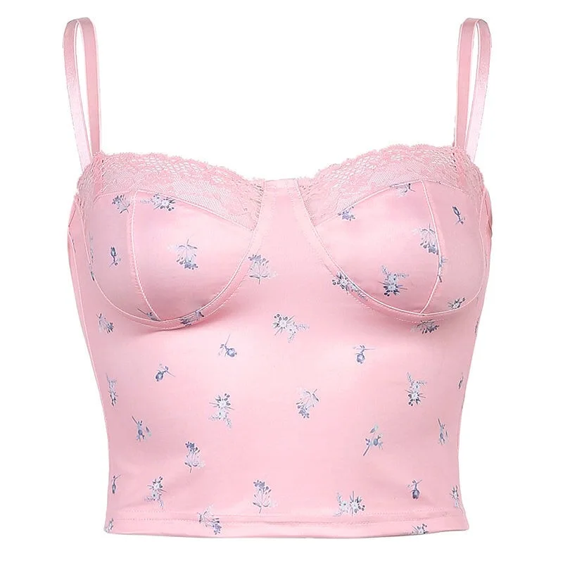 

New Aesthetic Cute Flower Tops Women Lace Trim Vintage 90s Kawaii Clothes Structure Stitched V Neck Sexy Corset Top
