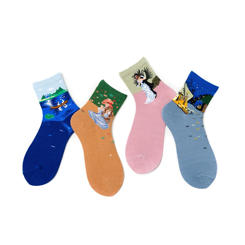 

4 Pairs 2019 New Cotton Socks for Women Artistic Style Small Oil Painting Creative Little Fresh Ladies Socks Novelty Kawaii 159
