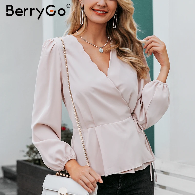 BerryGo элегантная женская блузка на шнуровке с v образным вырезом и рукавом