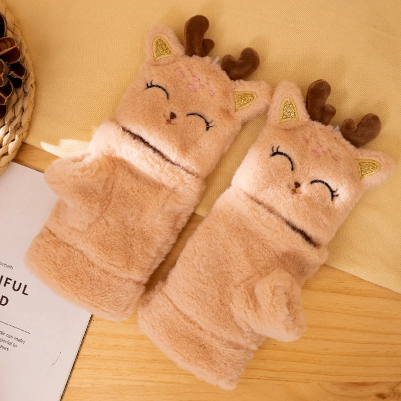 

New Sweet Cute Animal Mittens Women Flip Fingerless Gloves Faux Fur Warm Glove Soft Thick Gloves for Girl Christmas Halloween