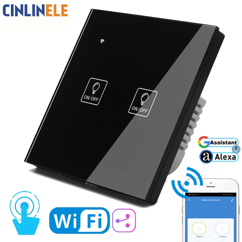 Wifi сенсорный светильник, значок, настенный переключатель, черная стеклянная панель, синий светодиодный, для ЕС и Великобритании, универсальный, умный дом, управление телефоном, 2 комплекта, 2 способа, реле