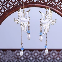 new retro design authentic fairy crane long style earrings handmade enamel drop cranes earrings cartoon animal jewelry for women