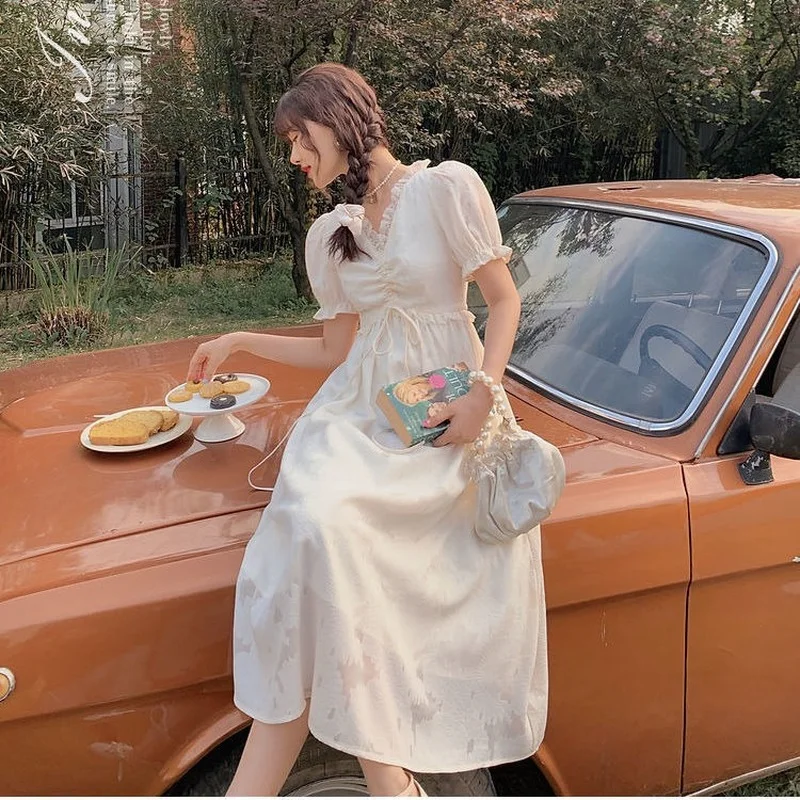 

Vintage Elegant Solid Fairy Dress Women French Kawaii Sweet Short Sleeve Midi Dress Summer 2021 Cute Holiday Lace V Neck Dresses