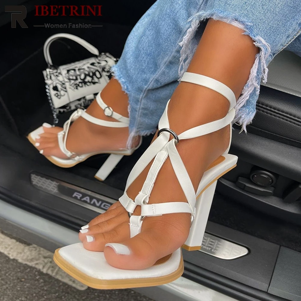 

New Arrival Flip Flop Square Toe Ankle Strap High Heels Sandals For Women Narrow Band Fashion Elegant Shoes Roman Casual Luxury