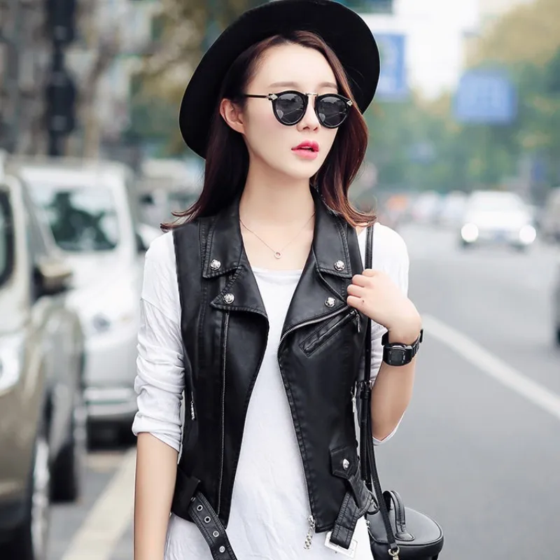 Top Quality Punk Pu Leather Jacket Women Waistcoat Slim Fit Belted Casaco Feminino Motorcycle Biker Zipper Colete Plus SZ | Женская