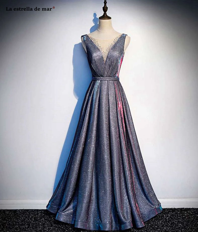

Sparkling wedding party gown new V neck lace diamond jewelry A Line gold purple blue bridesmaid dress long vestido de mujer