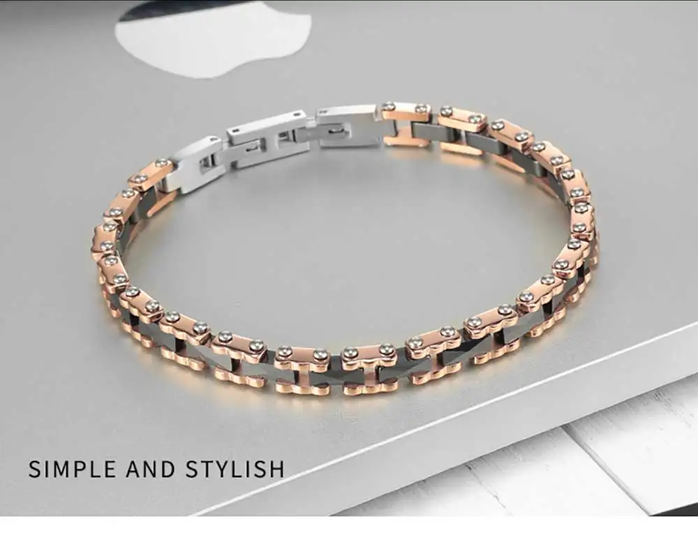 Moocare rose gold stainless steel wrist chain black women men charm bracelet ceramic jewelry accessories for ladies