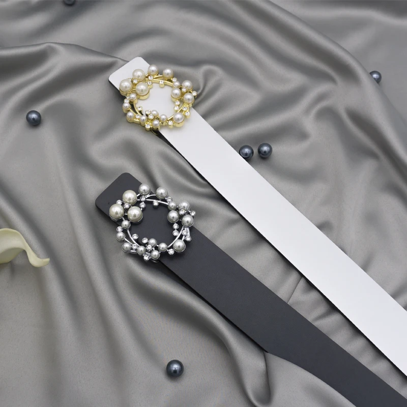 Light luxury Rhinestone Pearl round buckle belt double-sided leather elegant belt plain decorative trouser belt gray