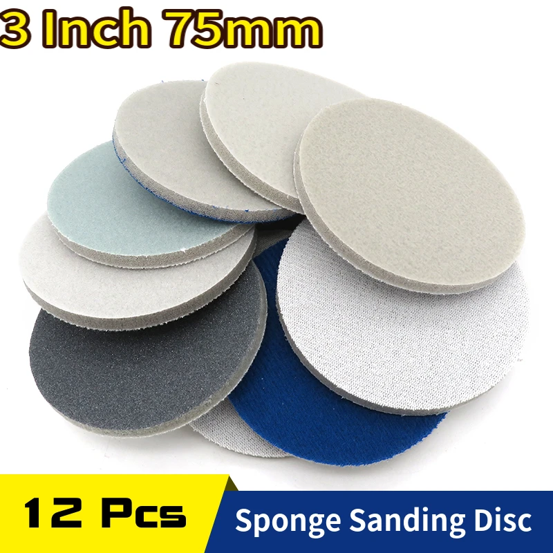 

12 Pcs 3 Inch 75MM 300-3000 Grit Round Hook Loop Sanding Sponge Sanding Disc Sandpaper Silicon Carbide for Polishing & Grinding