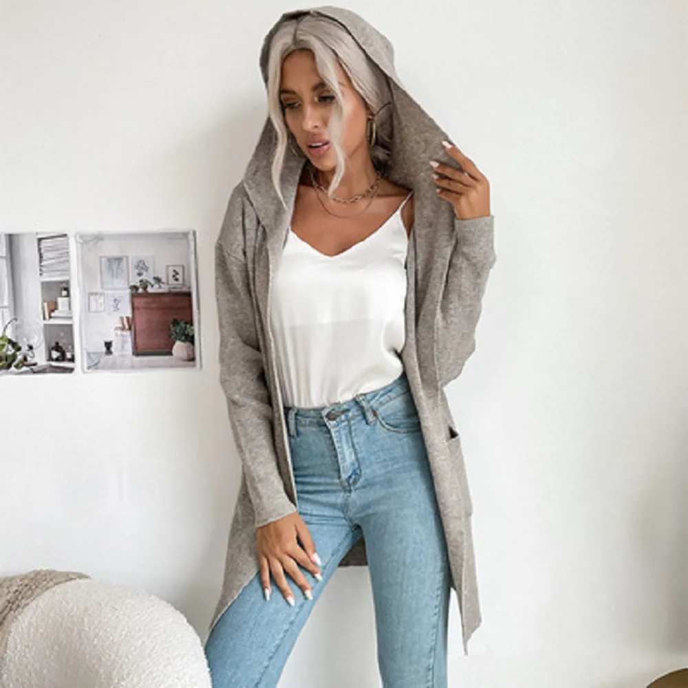 

2021 Autumn Winter New Sweater Fashion Loose Casual Womens Hooded Long Sleeve Solid Color Knitting Cardigan Jacket Women