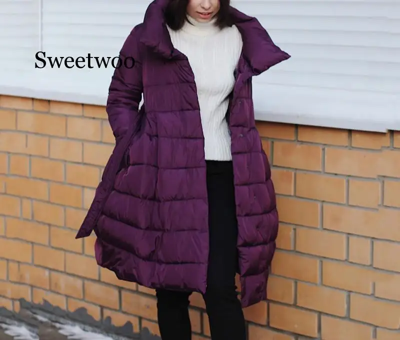 Winter Coat Women Parka Fashion Bowknot Waist Medium Long Stand Collar Cotton Padded Warm Jacke