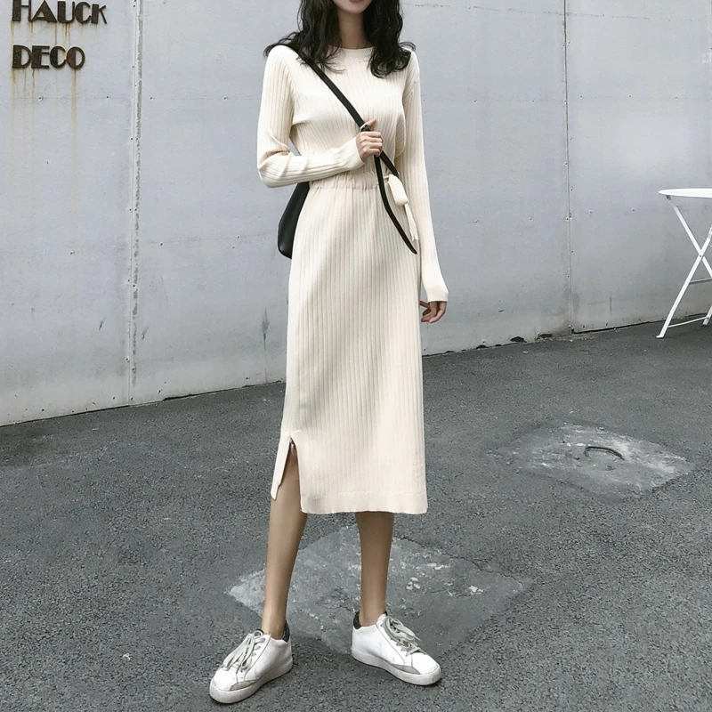 

2021 Autumn New Style Korean Round Neck Long-sleeved Slim-fit, Slit Over The Knee And Waist, Inner Knit Skirt Long Dress