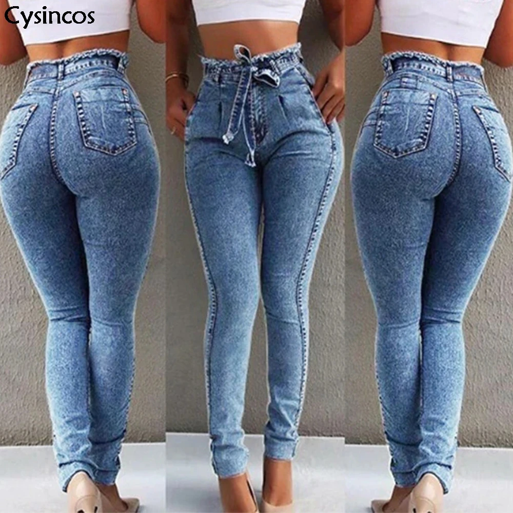 Cysincos New Women High Waist Jeans Plus Size Woman Slim Stretch Denim Jean Bodycon Tassel Belt Bandage Skinny Push Up | Женская одежда