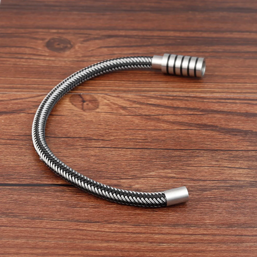 New Punk Black and White Braided Steel Wire Bracelet Magnetic Buckle Simple Style Fashion Wristband Men Stainless | Украшения и