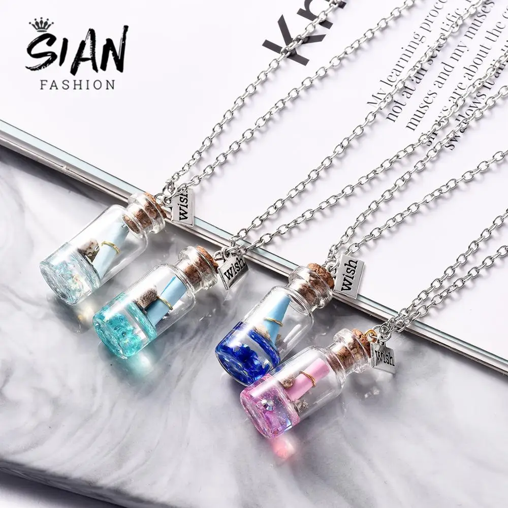 Цепочка с подвеской в виде бутылки желаний прозрачным стеклом бумага