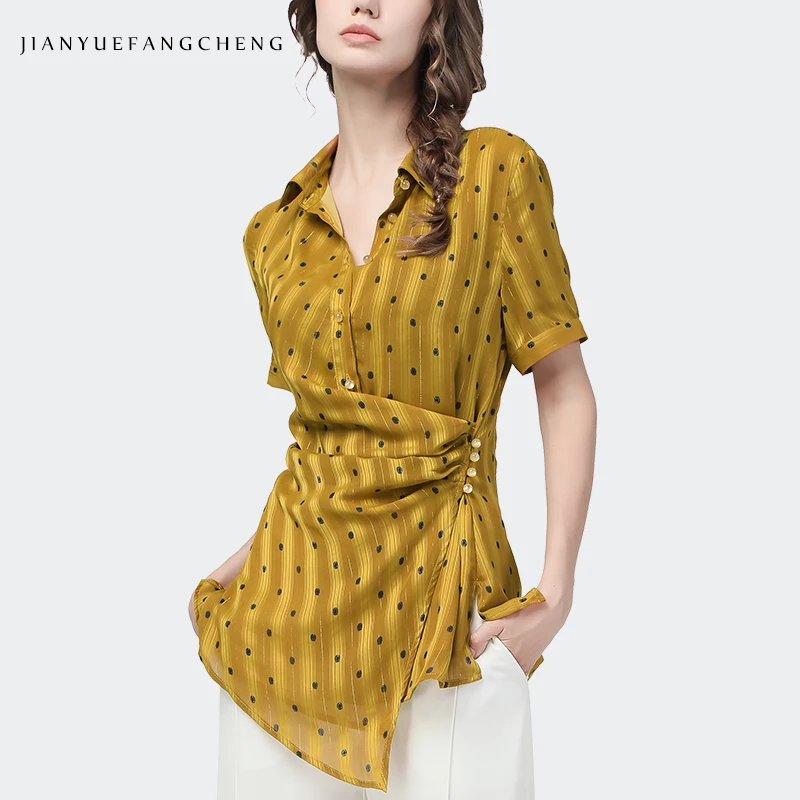 

Fashion Women Chiffon Striped Shirt Short Sleeve 2021 New Summer Tops Irregular Long Waist Buttons All-Match Slim Casual Shirts