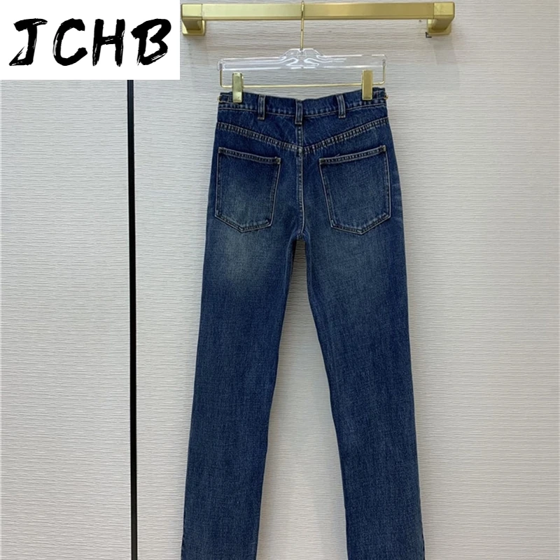 Straight Trends Fashion Women 2021 New Metal Decorative High Waist Slim Casual Cotton Office Lady Washed Jeans Pants
