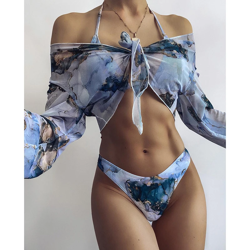 

Женский сетчатый купальник Mossha, 3 предмета, с длинным рукавом, Maeble, с принтом, купальник, женский сексуальный, с лямкой на шее, микро бикини, ко...