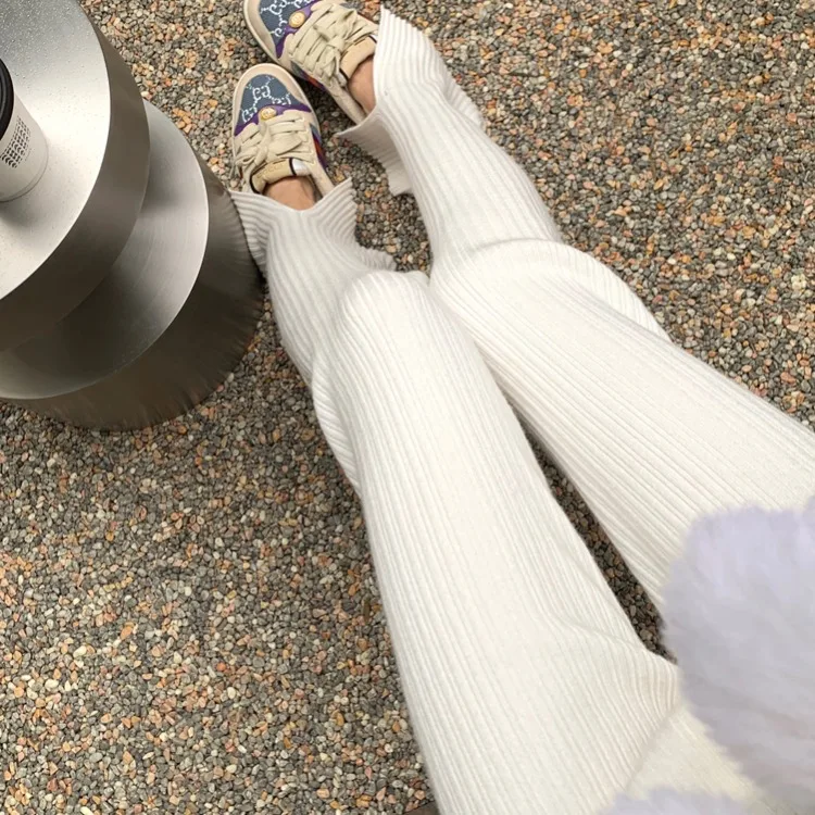 

White Knitted Pants Women's Small High Waist Straight Casual Pants Autumn and Winter 2021 Korean Style Trousers