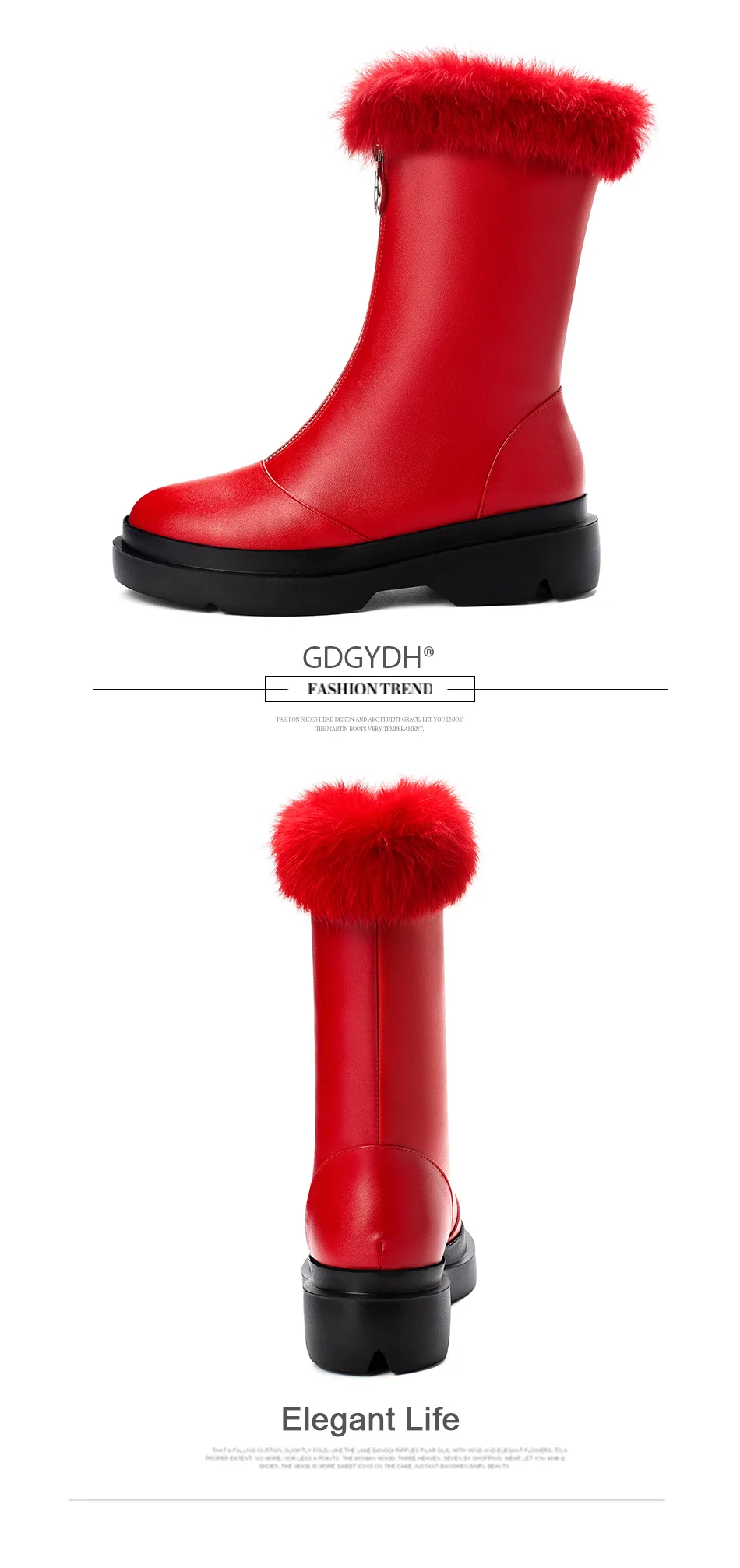 Gdgydh Long Plush Inside Leather PU Snow Boots Plush Boots Women Warm Natural Fur Winter Boots Female With Zipper High Quality