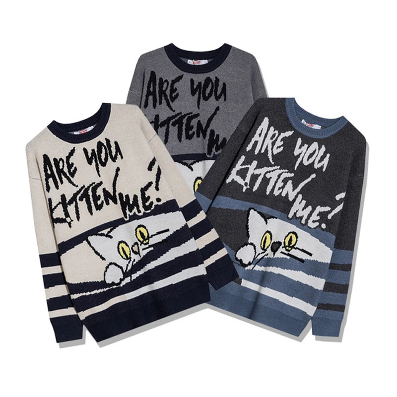 

Men Sweater Color Block Cartoon Cute Cat Print Pullover Men O-Neck Warm Cozy Casual College Style Sweater Streetwear