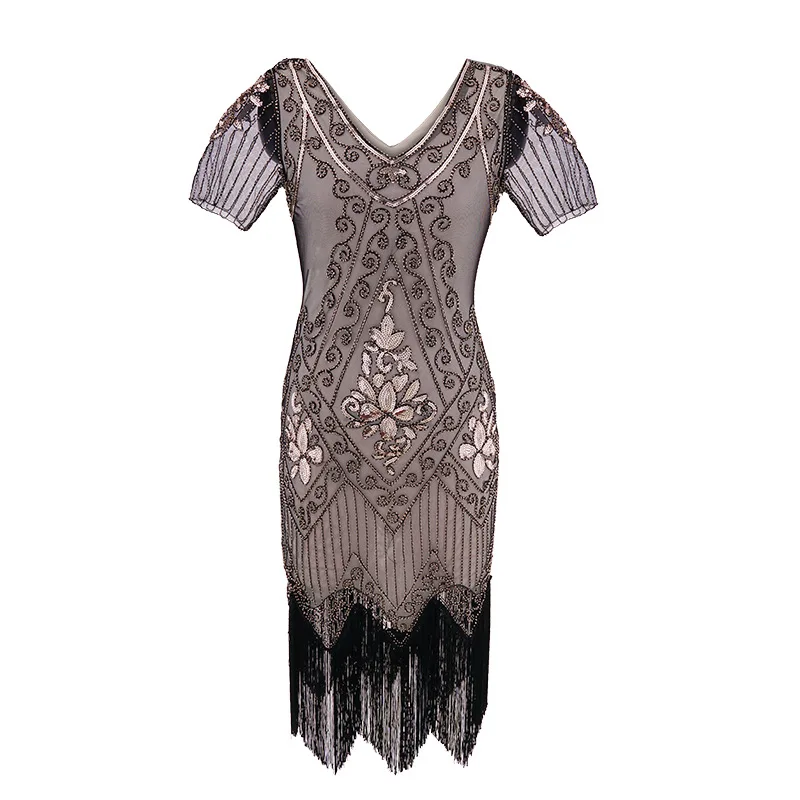 

Women's 1920s Vintage Sequined V-neck Dress Ladies Short-sleeved Banquet Small Dresses Great Gatsby Fringed Party Evening Dress