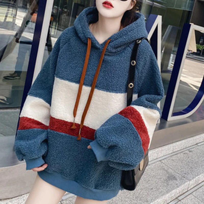 

2022 Autumn and Winter Clothing New Lamb Wool Sweater Women Loose Hooded Plus Velvet Thick Long-Sleeved Lazy Ins Jacket Women