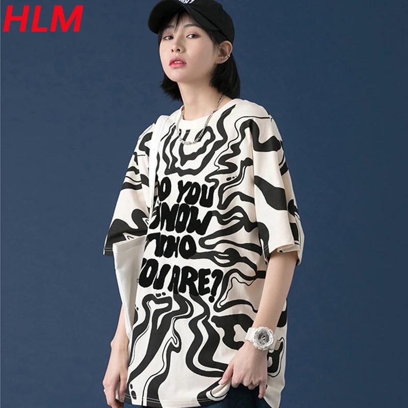 

HLM Oversized T-Shirts 2021 Summer Women Harajuku Short Sleeves Tops Flocking Printing Streetwear Loose 100% Cotton Tshirts