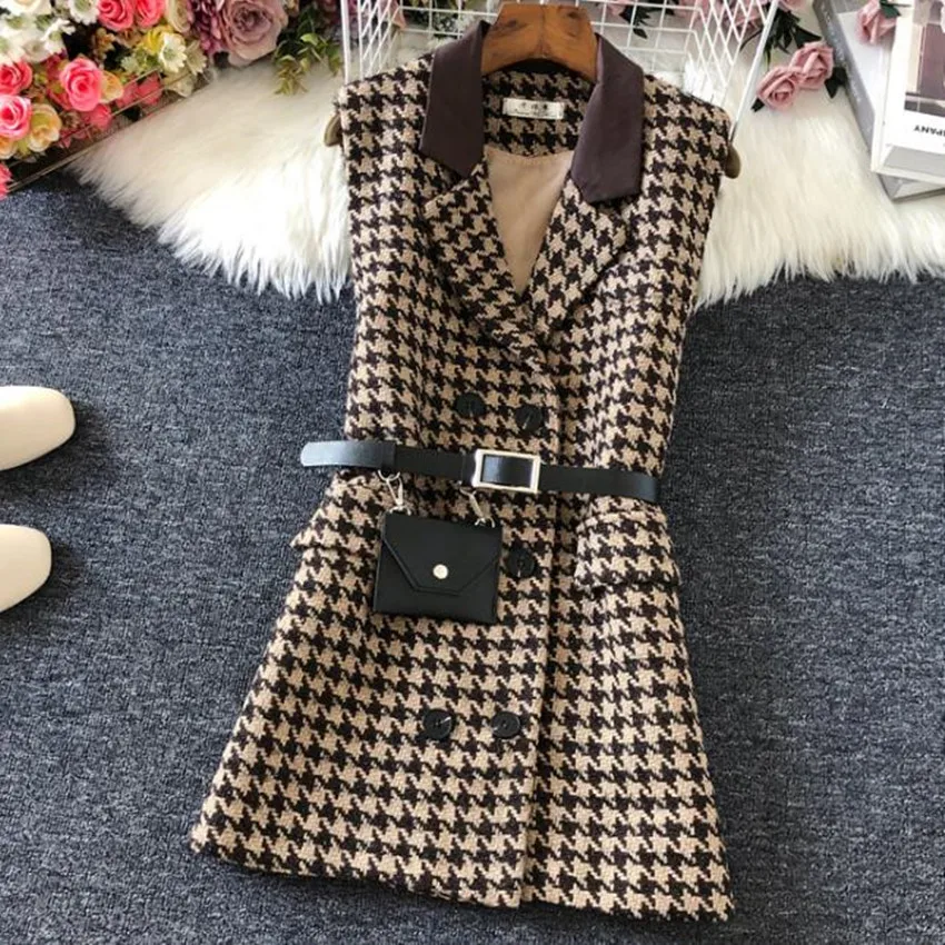 

Autumn winter Houndstooth woolen vest women v-neck samll fragrance double breasted waistcoat