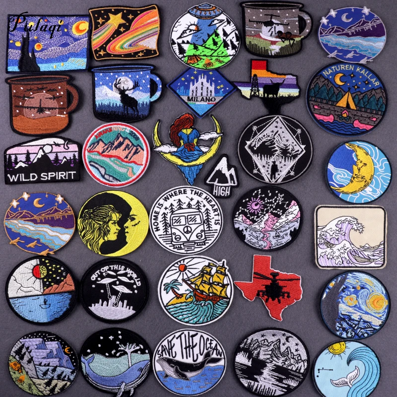 

Round Embridery Patches Mountains Wave Sticker Iron On Patch Applique For Clothing Sewing Decor Badge Fashion Supplies DIY Gift