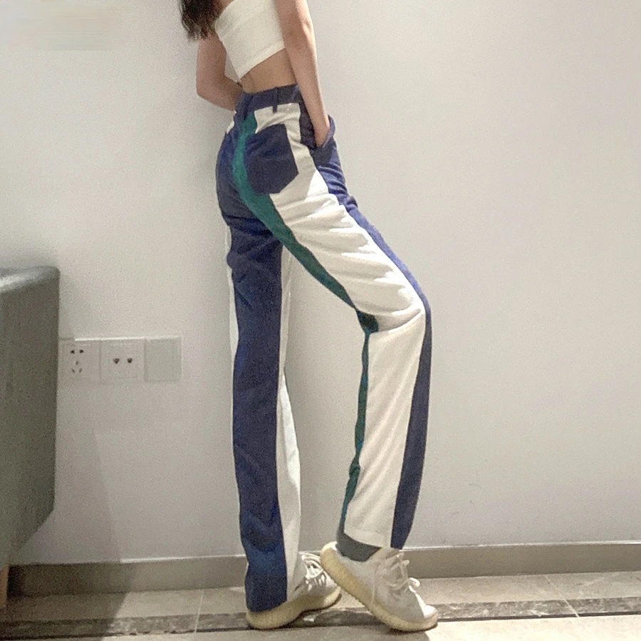 

2021 new women's Corduroy Pants women's high waist color contrast splicing pants women's wide leg pants trend street girl pants