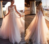 a line wedding dresses 2020 cap short sleeves sheer neck illusion button back lace appliques bridal gowns beach wedding dress