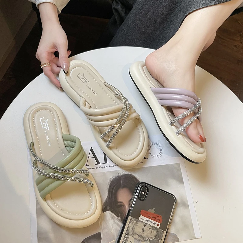 

Rimocy Fashion Crystal Strap Slippers Outdoor Women for Summer Open Toe Beach Sandals Comfortable Soft Bottom Slides Woman Shoes