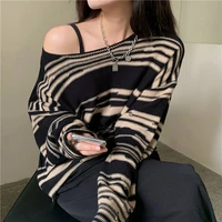 2021 springautumn thin korean style o neckstriped loose patchwork sweater hip hop retro oversize pullover casual knitted jumpers
