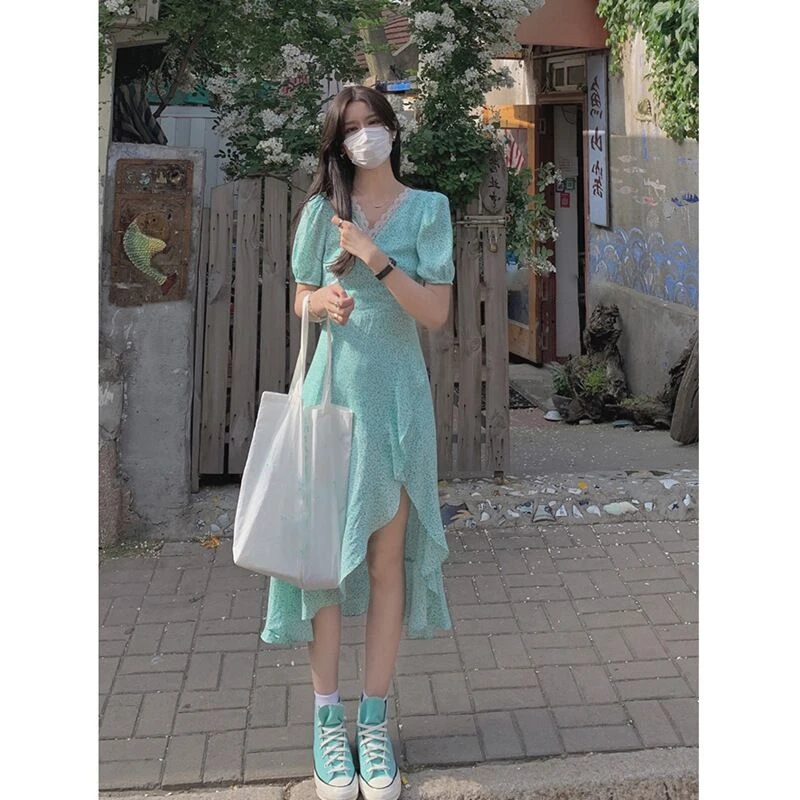 

Light Green Long Sleeve Dress Women Streetwear Ruffle Midi Slim Bodycon Dresses for Women Elegant Vestidos Square Collar