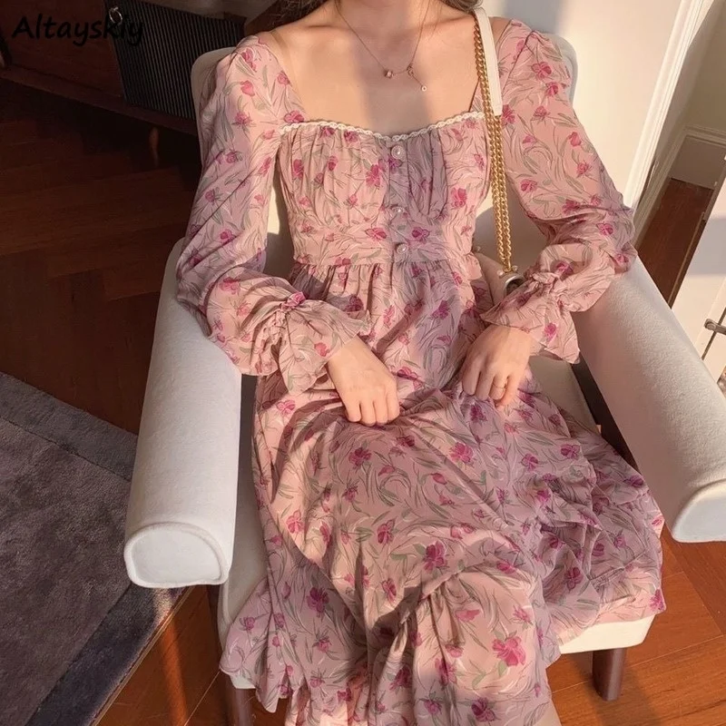 

Floral Dres Women Ruffles Korean Style Chic Trendy ular Elegant Romantic Tender Ulzzang Slim Vestido Feminino Summer Ins