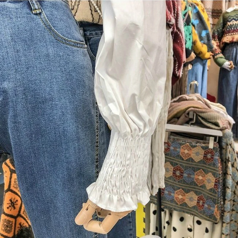 Рубашка женская с рукавами-фонариками милый белый топ оборками в винтажном стиле