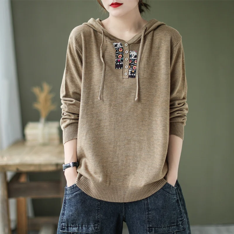 

NINI WONDERLAND Women Long Sleeved Patchwork Cotton Vintage Hooded Sweater Tops 2021 Autumn Casual Loose Pullover Sweater Coat