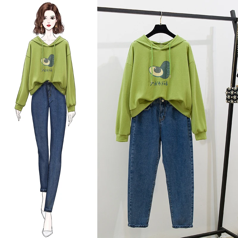 Green outfit Осенние толстовки с капюшоном, свободные джинсовые штаны с капюшоном, Новая зеленая куртка с капюшоном авокадо, флисовая женская повседневная одежда из 2 предметов, комплект одежды, брюки - Цвет: Green outfit