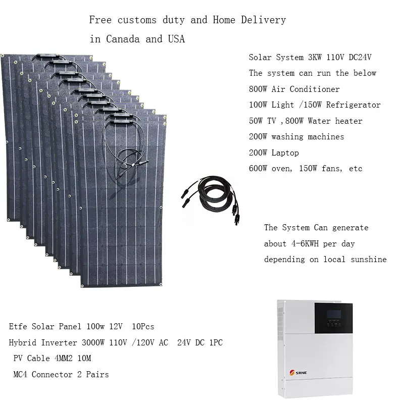 Solar Panel Kit Complete 3000W 3KW 220V 110V Solar Panel 100W 12V Hybrid Inverter Controller MPPT Pure Sine Wave Motorhome Camp
