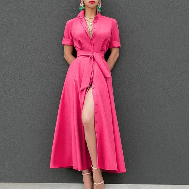 Женское однобортное платье на пуговицах с длинным рукавом и поясом повседневное