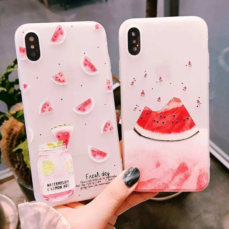 Рельефный Чехол для мобильного телефона с фруктовым арбузом iPhone X XS 8 7 6 6S PluS