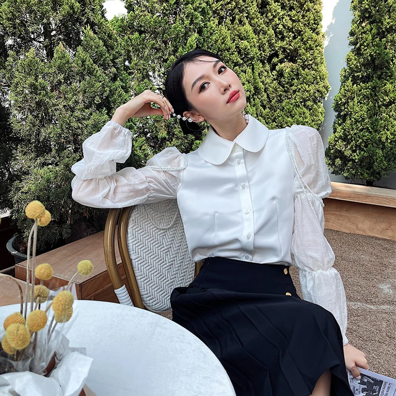 

XIZIHUPAN Minimalist Patchwork Pearls Women's Shirt Lapel Sheer Long Sleeve White Loose Blouses Female Summer 2021 Fashion New