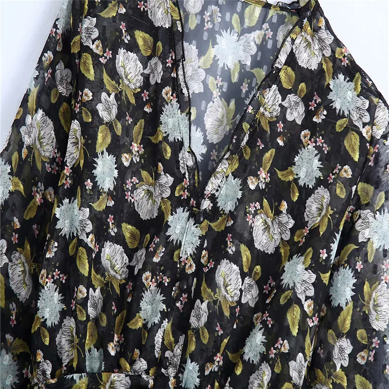 

Za Dot Mesh Print Blouse Women Long Sleeve Elastic Waist Chiffon Shirts Woman 2020 Fashion Front False Button Vinatge Mini Dress