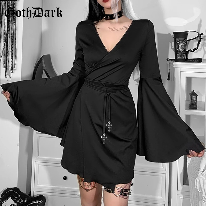 

Goth Dark Flare Sleeve Mall Gothic Sexy Dresses Women Grunge Bandage Black A-line Dress Party Elegant Harajuku Alt Clothing 2022