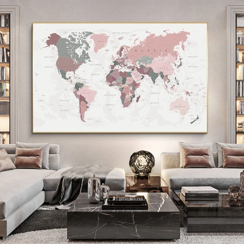 

World Map Poster Print Pink Colors Wall Modern Art Canvas Painting Big Size Wall Picture for Living Room Home Decor Cuadros