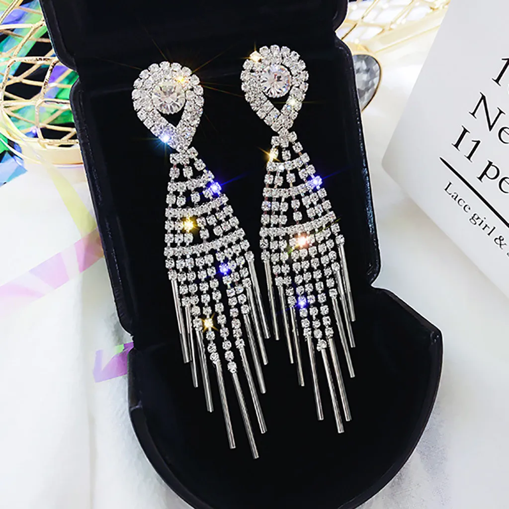 Современный дизайн серьги женские длинные элегантные с блестящими стразами для